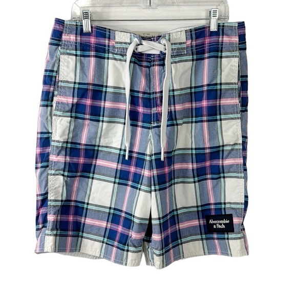 Abercrombie & Fitch Men's L Lace Up Short Pink Blue Plaid EUC Inseam 8.5" - Picture 1 of 13